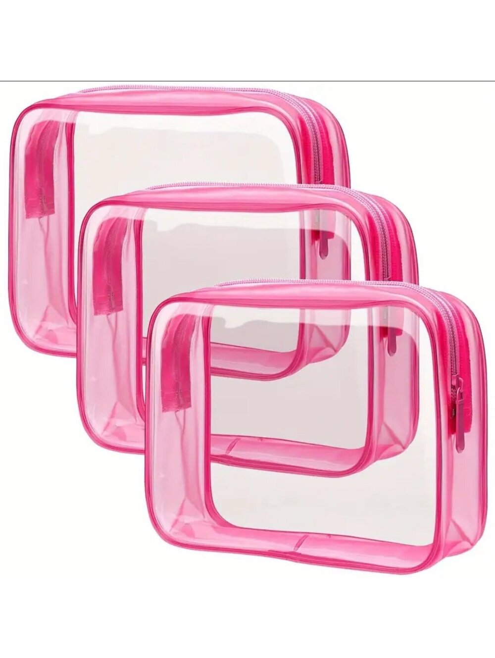 New - 3Pcs Transparent Cosmetics/Toiletry /Accessories Bag -Rose Red